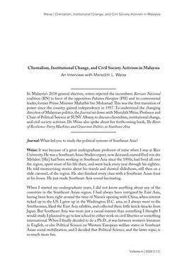 Clientalism, Institutional Change, and Civil Society Activism in Malaysia