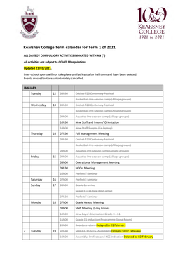 Kearsney College Term Calendar for Term 1 of 2021