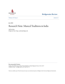 Musical Traditions in India Salil Sachdev Bridgewater State College, Ssachdev@Bridgew.Edu