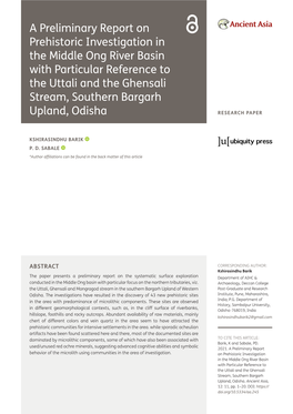 A Preliminary Report on Prehistoric Investigation in the Middle Ong River Basin with Particular Reference to the Uttali and the Ghensali Stream, Southern Bargarh