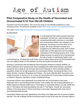 Pilot Comparative Study on the Health of Vaccinated and Unvaccinated 6-12 Year Old US Children Important Note from the Editors