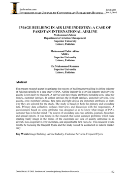 IMAGE BUILDING in AIR LINE INDUSTRY: a CASE of PAKISTAN INTERNATIONAL AIRLINE Muhammad Zaheer Department of Aviation Management Superior University Lahore, Pakistan