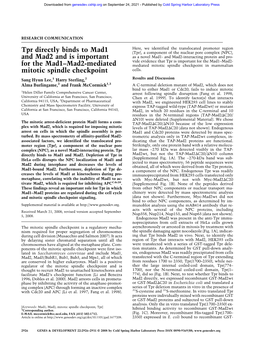 Tpr Directly Binds to Mad1 and Mad2 and Is Important for the Mad1− Mad2-Mediated Mitotic Spindle Checkpoint