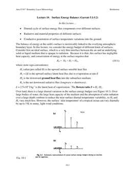 Lecture 10. Surface Energy Balance (Garratt 5.1-5.2) in This Lecture