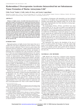 Hyaluronidase-2 Overexpression Accelerates Intracerebral but Not Subcutaneous Tumor Formation of Murine Astrocytoma Cells1