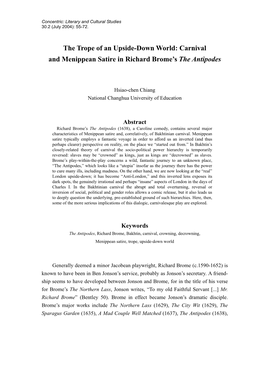 The Trope of an Upside-Down World: Carnival and Menippean Satire in Richard Brome’S the Antipodes