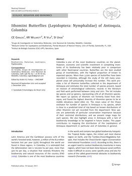 Ithomiini Butterflies (Lepidoptera: Nymphalidae) of Antioquia, Colombia