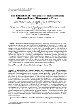 The Distribution of Some Species of Trentepohliaceae (Trentepohliales, Chlorophyta) in France