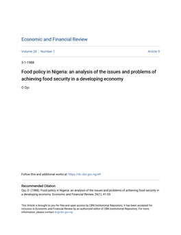 Food Policy in Nigeria: an Analysis of the Issues and Problems of Achieving Food Security in a Developing Economy