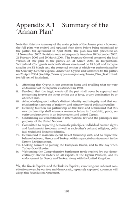 Appendix A.1 Summary of the 'Annan Plan'