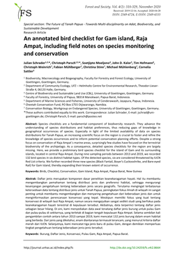 An Annotated Bird Checklist for Gam Island, Raja Ampat, Including Field Notes on Species Monitoring and Conservation