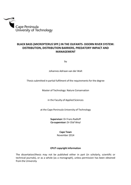 Black Bass (Micropterus Spp.) in the Olifants- Doorn River System: Distribution, Distribution Barriers, Predatory Impact and Management