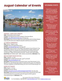 August Calendar of Events September 10 – 13, 2015 45Th Annual Fall Barrie Automotive Flea Market Burls Creek Event Park September 12 – 13, 2015