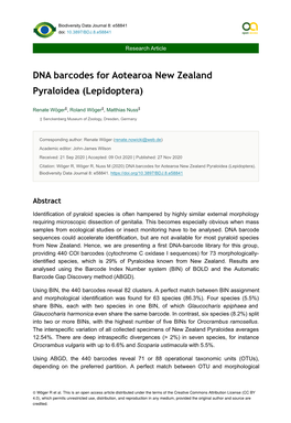 DNA Barcodes for Aotearoa New Zealand Pyraloidea (Lepidoptera)