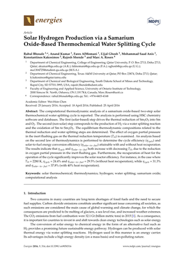 Solar Hydrogen Production Via a Samarium Oxide-Based Thermochemical Water Splitting Cycle