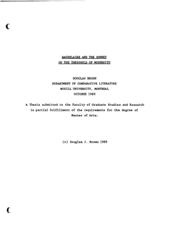 Baudelaire and the Sonnet on the Thresholp of Modernity Douglas Brown Department of Comparative Literature Mcgill University, Mo