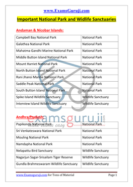 Important National Park and Widlife Sanctuaries