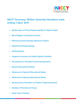 NICCY Summary: Written Assembly Questions Week Ending 3 April, 2015