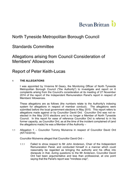 North Tyneside Metropolitan Borough Council Standards Committee Allegations Arising from Council Consideration of Members' Allow