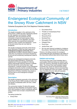 Endangered Ecological Community of the Snowy River Catchment in NSW Fisheries Ecosystems Unit, Port Stephens Fisheries Institute