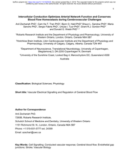 Intercellular Conduction Optimizes Arterial Network Function and Conserves Blood Flow Homeostasis During Cerebrovascular Challenges Anil Zechariah Phd1, Cam Ha T