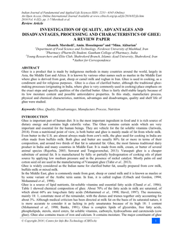 INVESTIGATION of QUALITY, ADVANTAGES and DISADVANTAGES, PROCESSING and CHARACTERISTICS of GHEE: a REVIEW PAPER Afsaneh