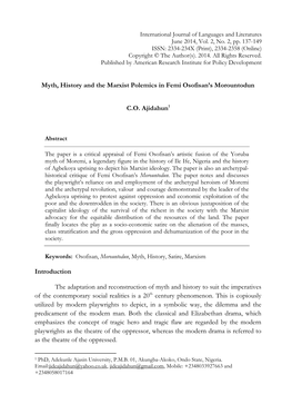 Myth, History and the Marxist Polemics in Femi Osofisan's Morountodun C.O. Ajidahun1 Introduction the Adaptation and Reconstru