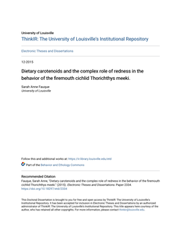 Dietary Carotenoids and the Complex Role of Redness in the Behavior of the Firemouth Cichlid Thorichthys Meeki