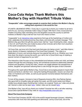 Coca-Cola Helps Thank Mothers This Mother's Day with Heartfelt Tribute