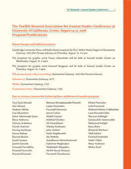The Twelfth Biennial Association for Iranian Studies Conference at University of California, Irvine, August 14-17, 2018 Program Modifications