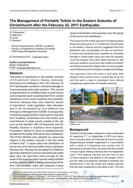 The Management of Portable Toilets in the Eastern Suburbs of Christchurch After the February 22, 2011 Earthquake