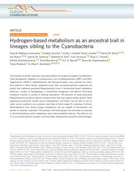 Hydrogen-Based Metabolism As an Ancestral Trait in Lineages Sibling to the Cyanobacteria