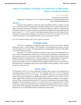 Impact of Population on Quality of Ground Water in Shrirampur Tahsil: a Geospatial Analysis