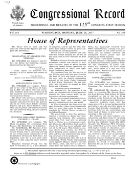 Congressional Record United States Th of America PROCEEDINGS and DEBATES of the 115 CONGRESS, FIRST SESSION