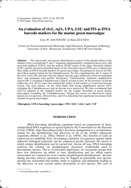 An Evaluation of Rbcl, Tufa, UPA, LSU and ITS As DNA Barcode Markers