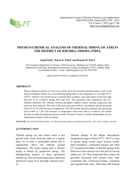 Physico-Chemical Analysis of Thermal Spring of Atri in the District of Khurda, Odisha, India