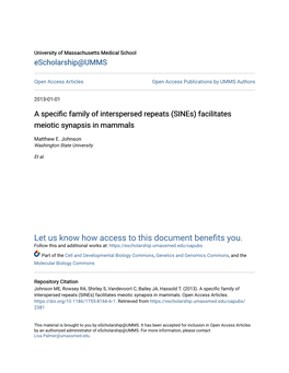 A Specific Family of Interspersed Repeats (Sines) Facilitates Meiotic Synapsis in Mammals