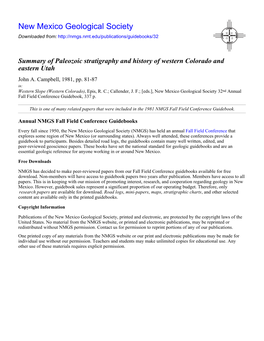 Summary of Paleozoic Stratigraphy and History of Western Colorado and Eastern Utah John A