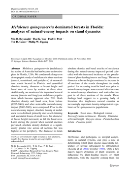 Melaleuca Quinquenervia Dominated Forests in Florida: Analyses of Natural-Enemy Impacts on Stand Dynamics