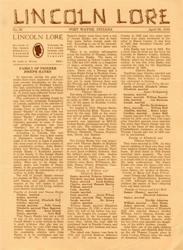 LINCOLN LORE of Joseph Hanks