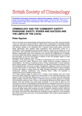 Community Safety' Paradigm: Safety, Power and Success and the Limits of the Local