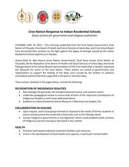 Cree Nation Response to Indian Residential Schools Seven Actions for Government and Religious Authorities