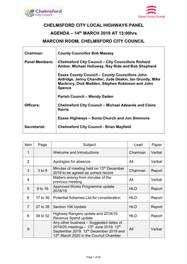 CHELMSFORD CITY LOCAL HIGHWAYS PANEL AGENDA – 14Th MARCH 2019 at 13:00Hrs MARCONI ROOM, CHELMSFORD CITY COUNCIL