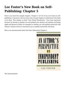 Lee Foster's New Book on Self-Publishing