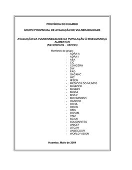 Província Do Huambo Grupo Provincial De Avaliação De Vulnerabilidade Avaliação Da Vulnerabilidade Da População À Insegur