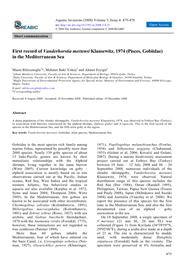 First Record of Vanderhorstia Mertensi Klausewitz, 1974 (Pisces, Gobiidae) in the Mediterranean Sea