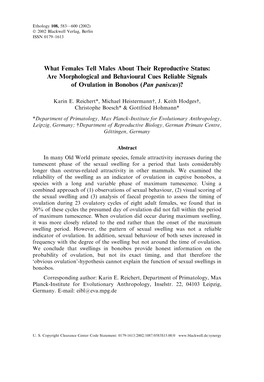 What Females Tell Males About Their Reproductive Status: Are Morphological and Behavioural Cues Reliable Signals of Ovulation in Bonobos (Pan Paniscus)?