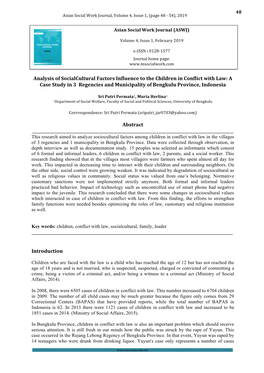 Analysis of Socialcultural Factors Influence to the Children in Conflict with Law: a Case Study in 3 Regencies and Municipality of Bengkulu Province, Indonesia