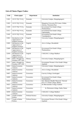 List of Choice Paper Codes