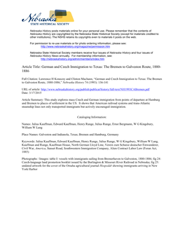 Article Title: German and Czech Immigration to Texas: the Bremen to Galveston Route, 1880- 1886